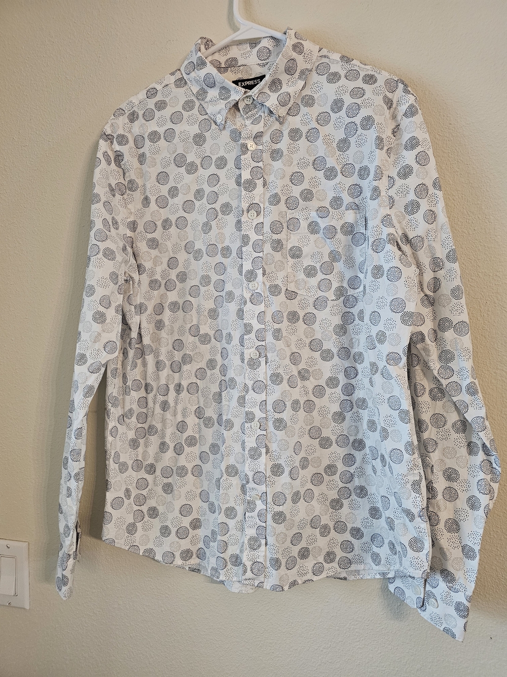 Express Men’s White Button-Up Shirt with Gray Dot Pattern